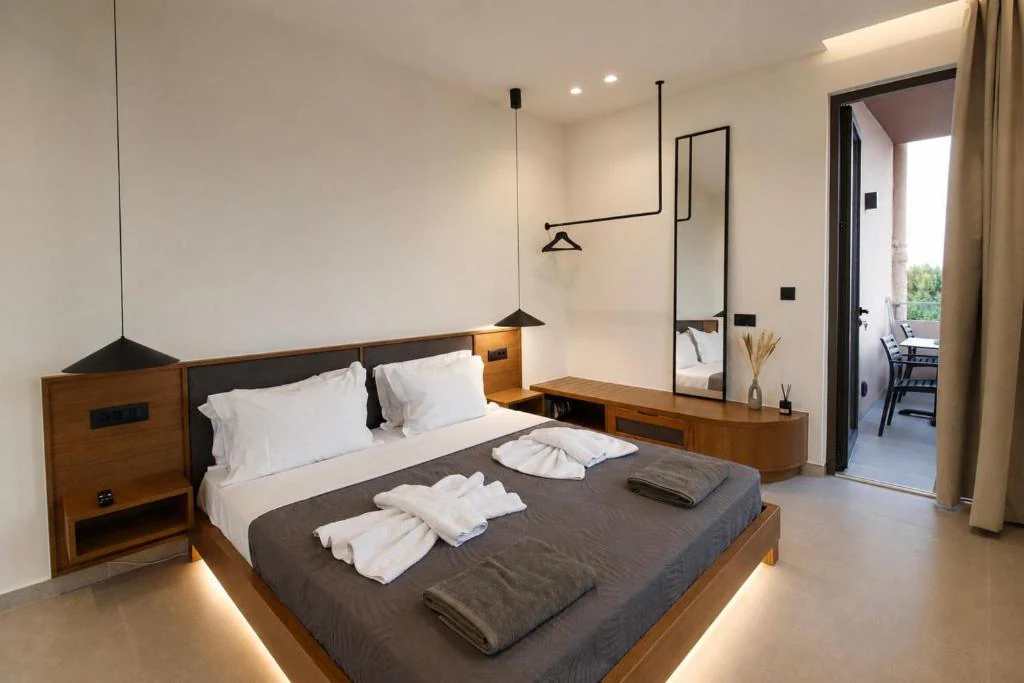 Double bed, wooden furnishings and an open balcony door in an Eos Mare studio