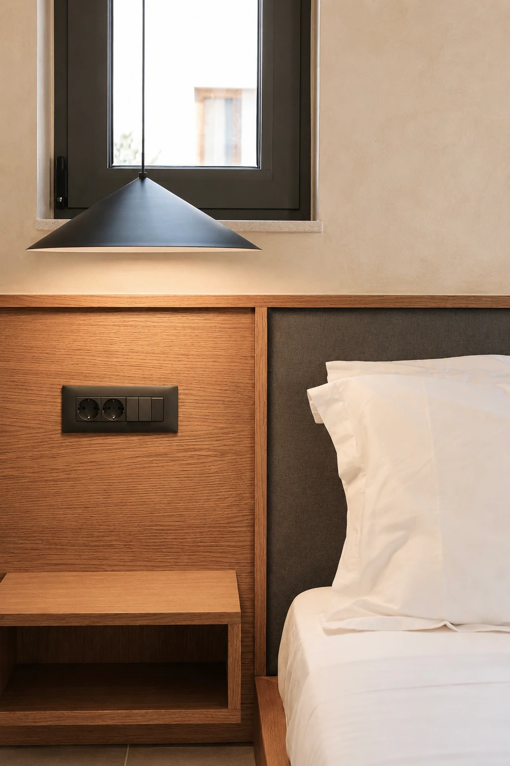 Bedside pendant light, wooden headboard and soft linen at Eos Mare